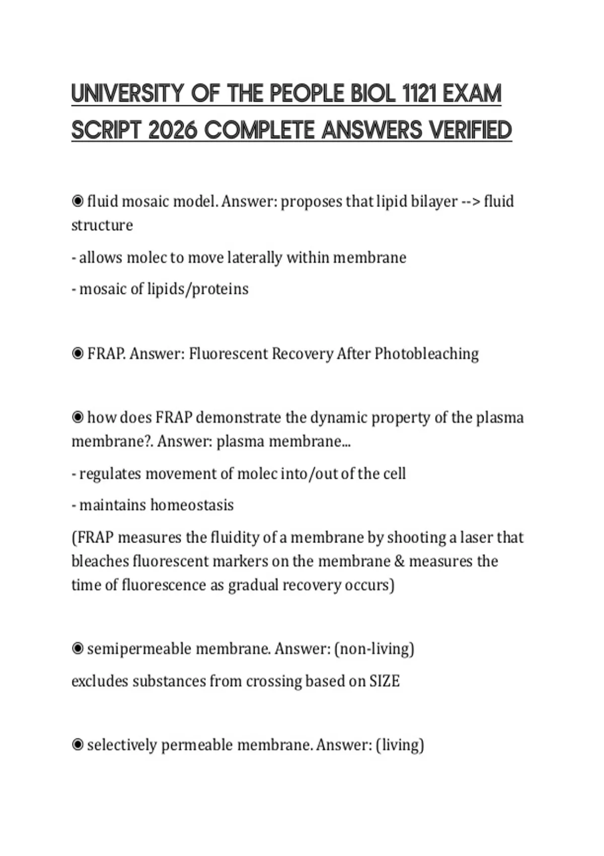 University Paper Answer Script UNIVERSITY OF THE PEOPLE BIOL 1121 EXAM SCRIPT 2026 COMPLETE ANSWERS ...