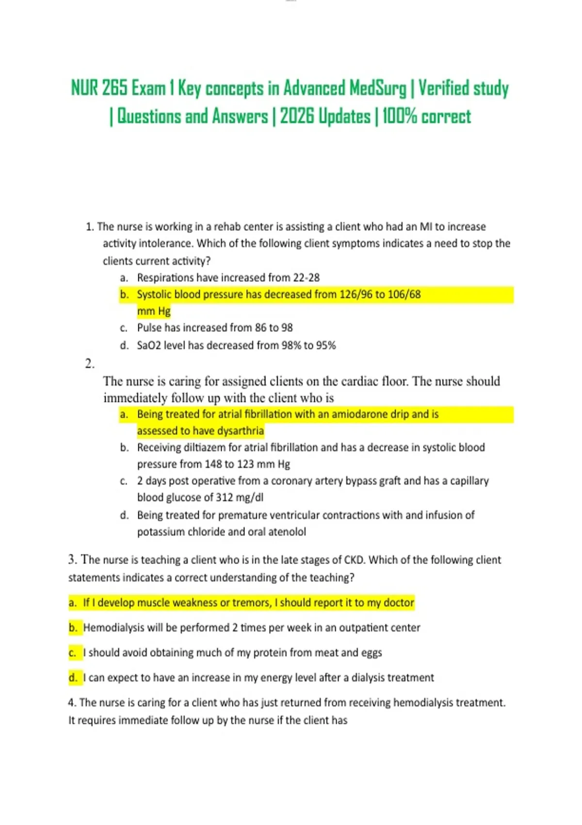 NUR 265 Exam 1 Key concepts in Advanced MedSurg | Verified study ...