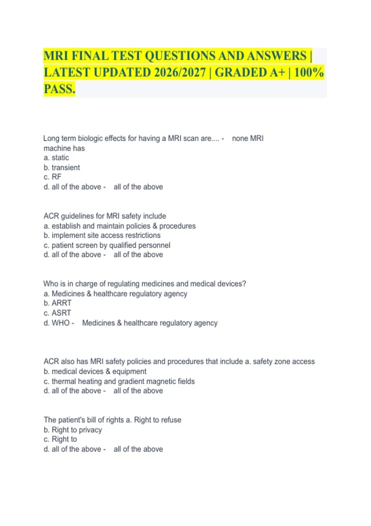 MRI FINAL TEST QUESTIONS AND ANSWERS | LATEST UPDATED 2026/2027 ...