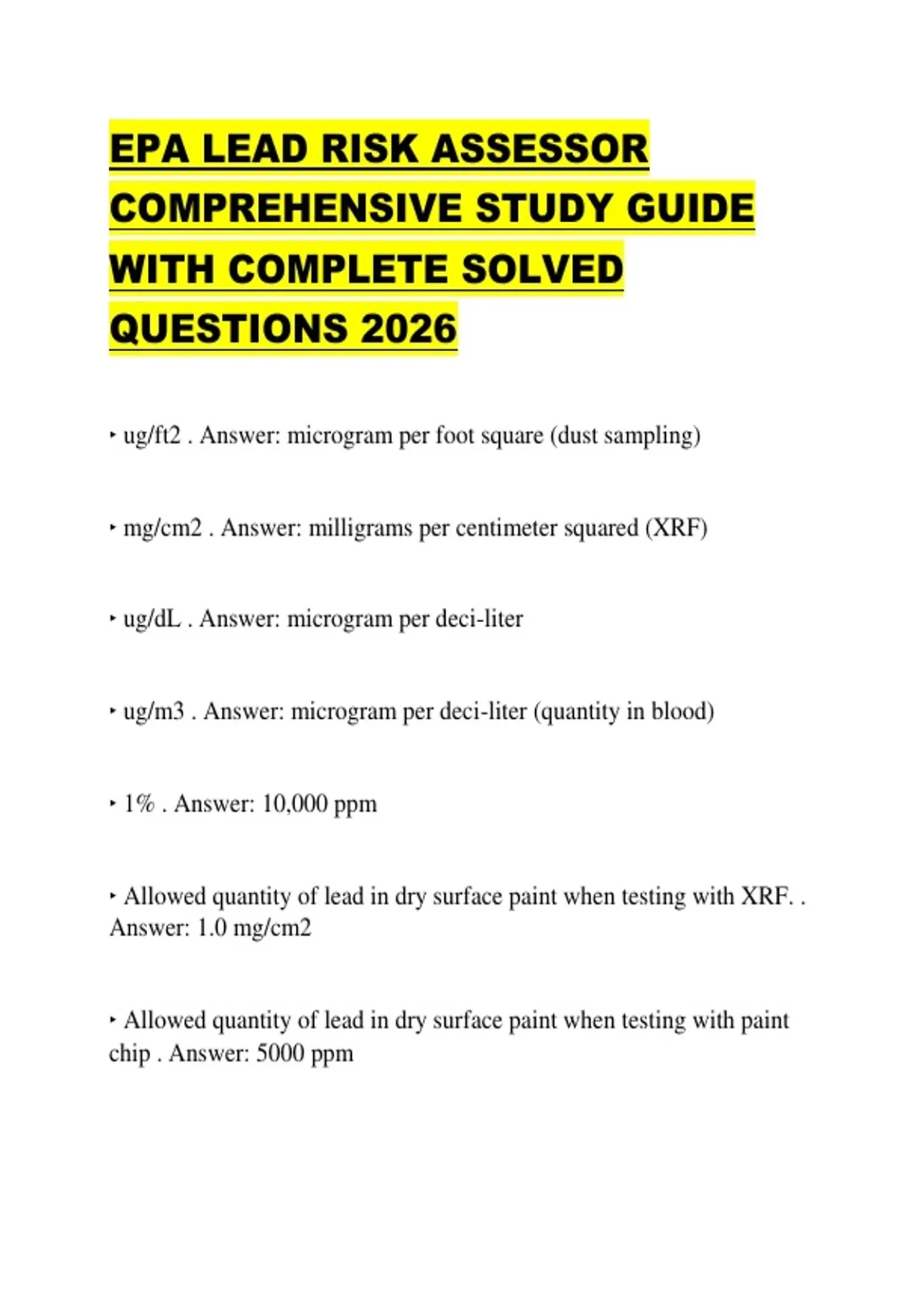 EPA LEAD RISK ASSESSOR COMPREHENSIVE STUDY GUIDE WITH COMPLETE SOLVED ...