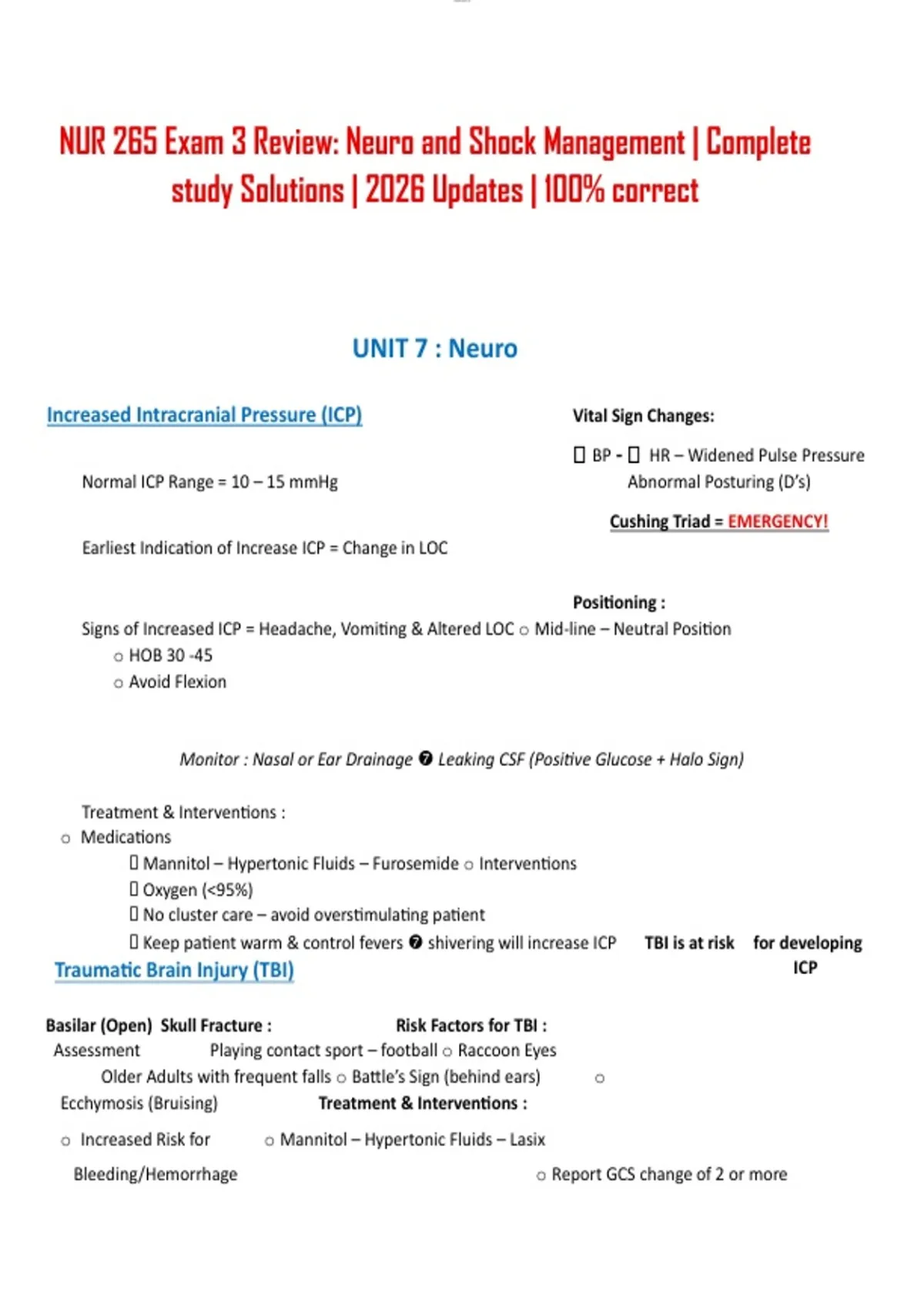 NUR 265 Exam 3 Review: Neuro and Shock Management | Complete study ...
