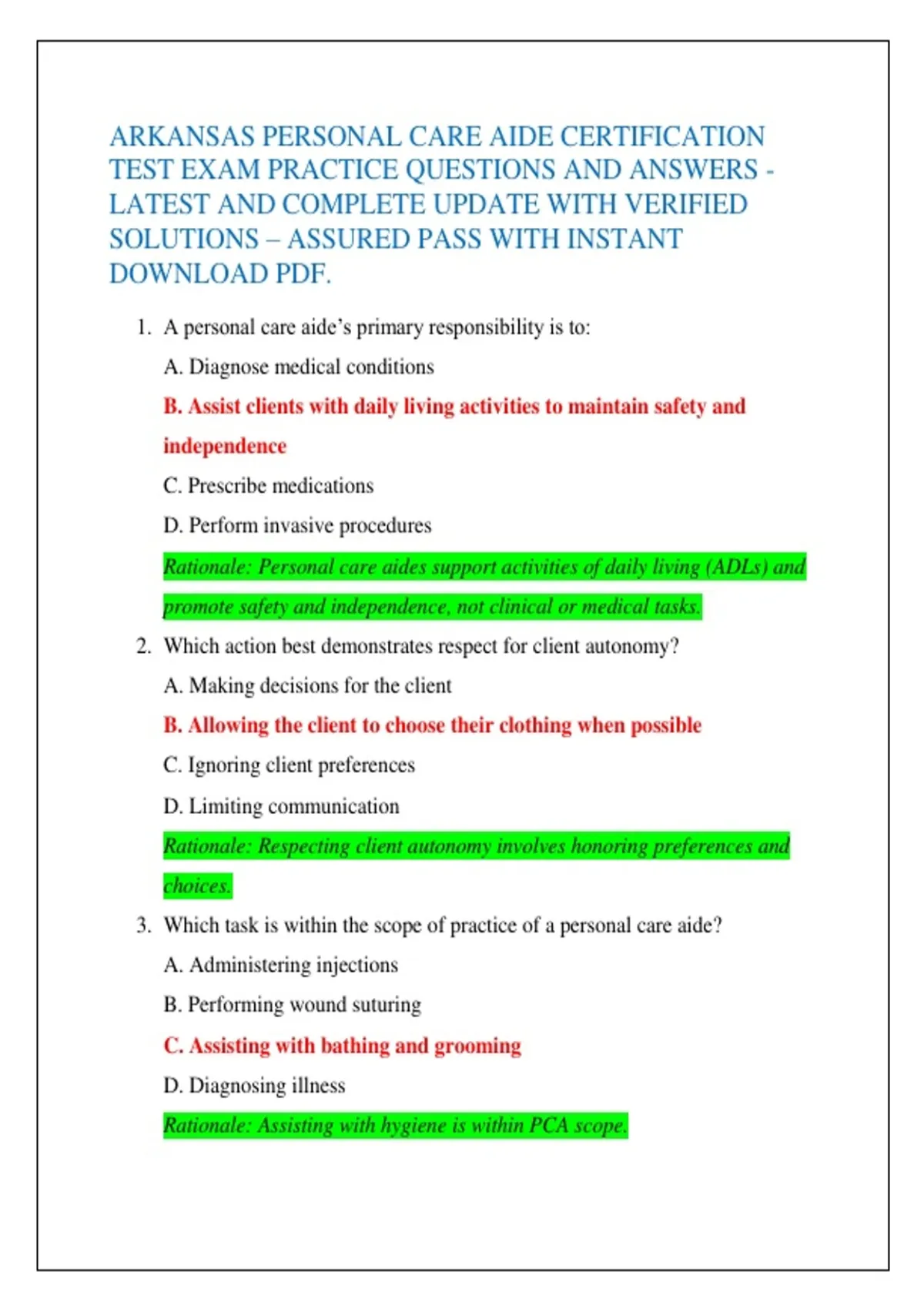 ARKANSAS PERSONAL CARE AIDE CERTIFICATION TEST EXAM PRACTICE QUESTIONS ...