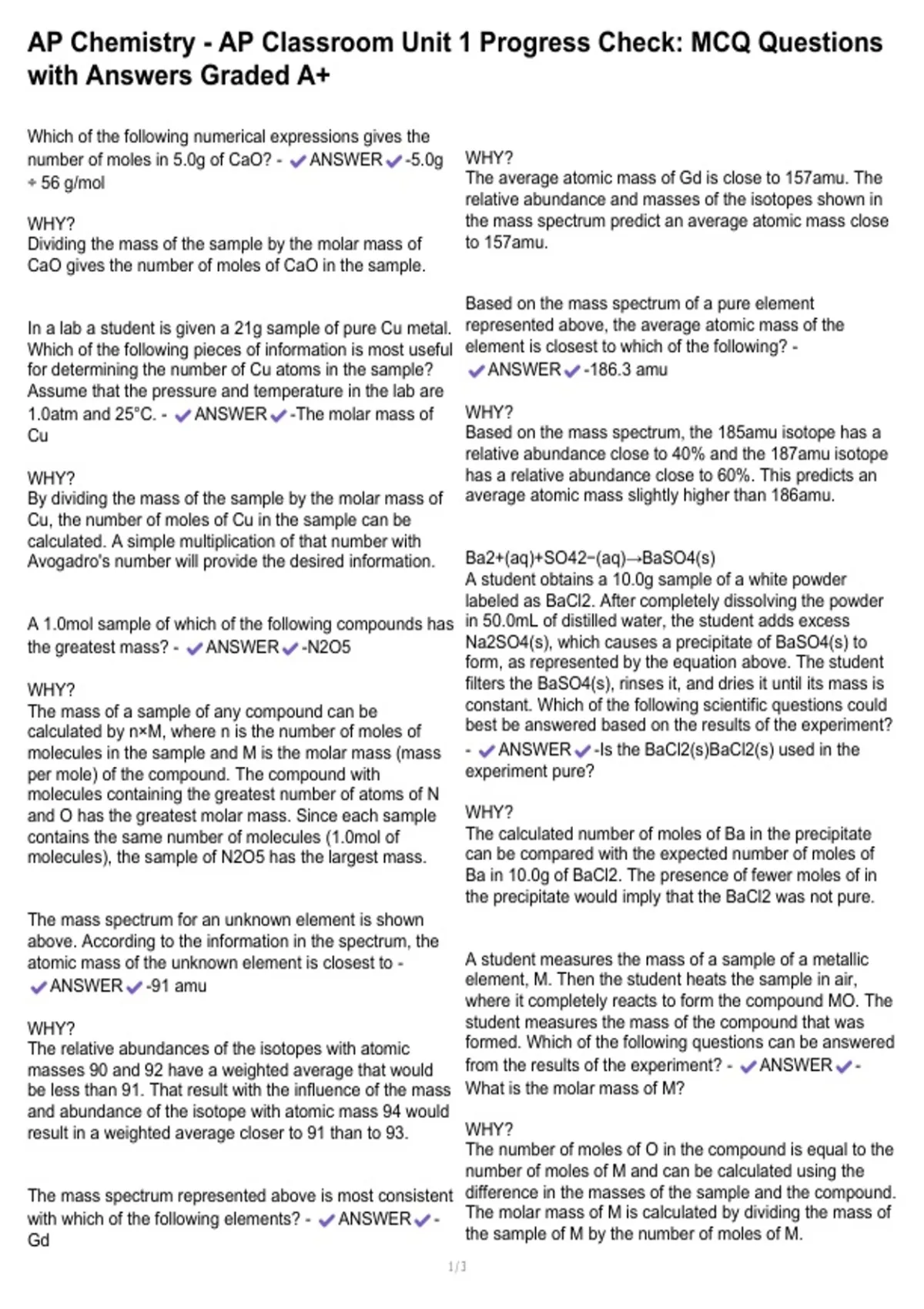 AP Chemistry - AP Classroom Unit 1 Progress Check: MCQ Questions with ...