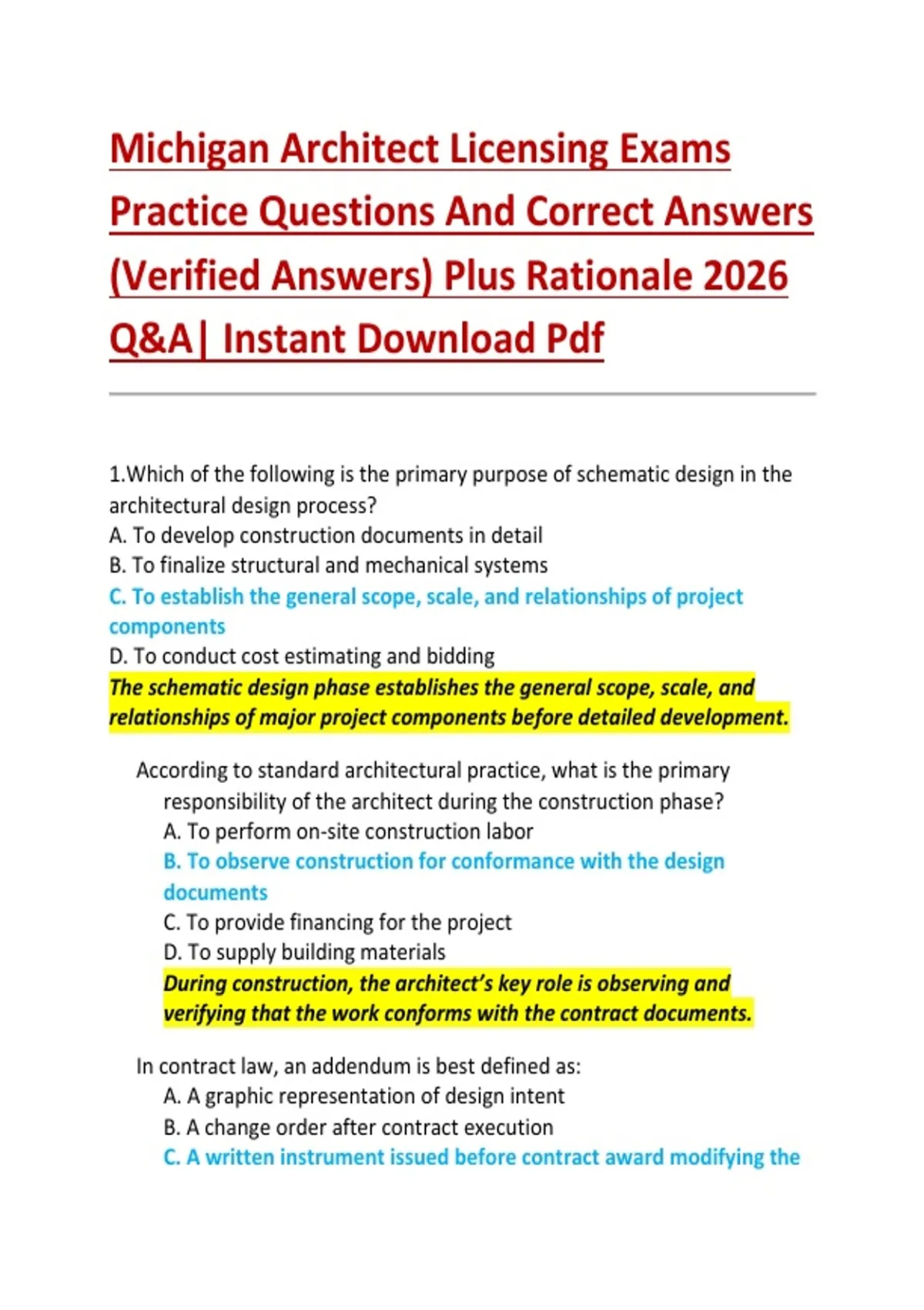 Michigan Architect Licensing Exams Practice Questions And Correct ...