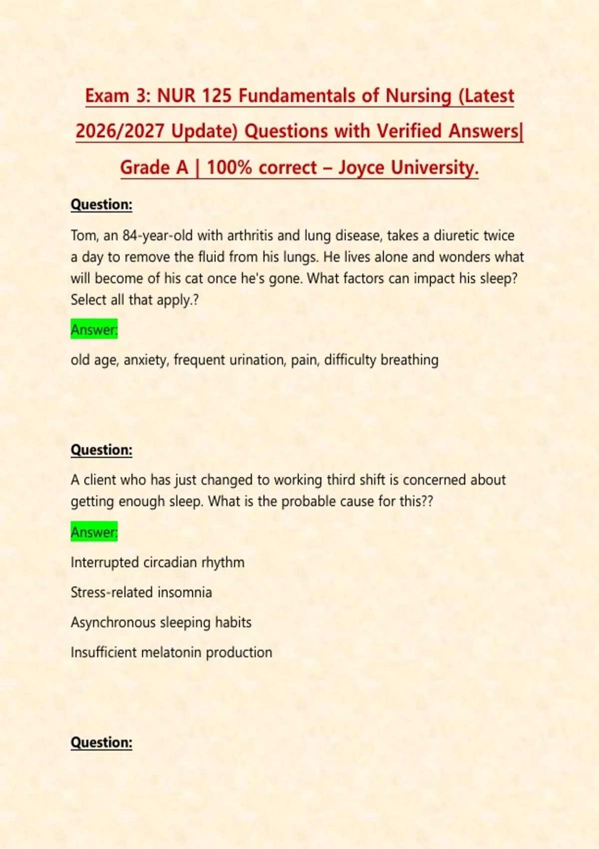 Exam 3: NUR 125 Fundamentals of Nursing (Latest 2026/2027 Update ...