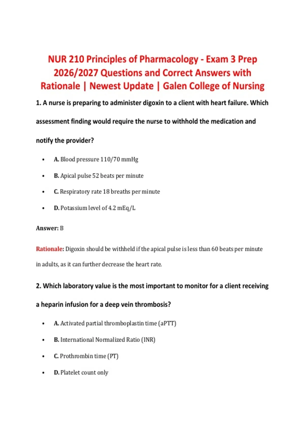 NUR 210 Principles of Pharmacology - Exam 3 Prep 2026/2027 Questions ...