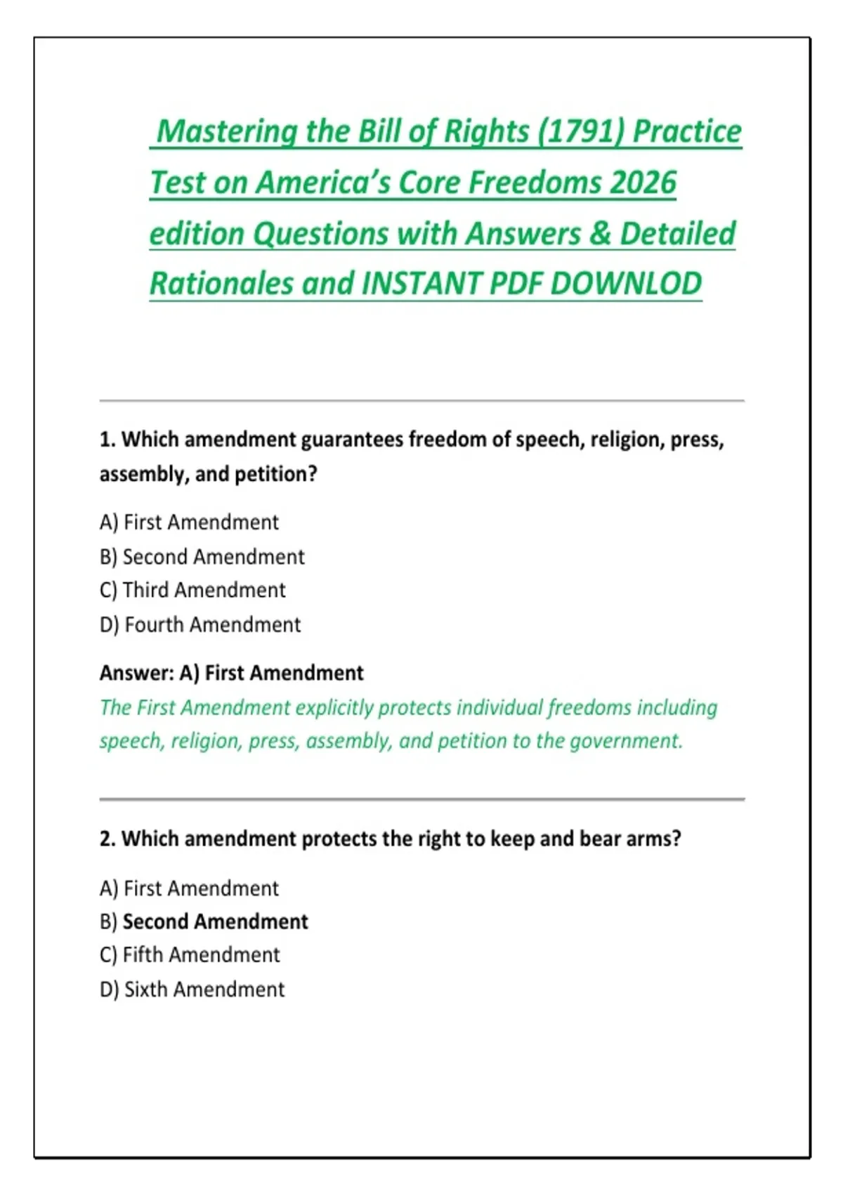 Exam (elaborations) Mastering the Bill of Rights (1791) Practice ...