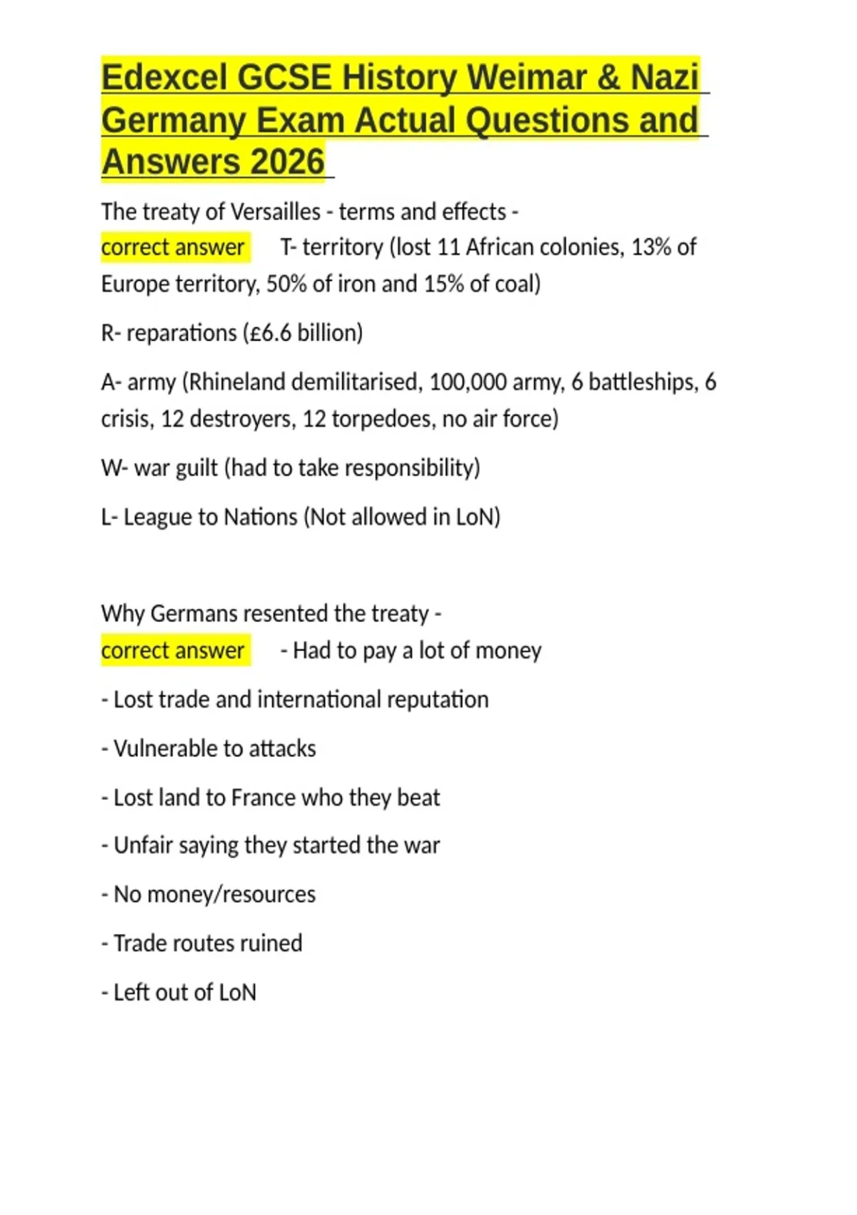 Edexcel GCSE History Weimar & Nazi Germany Exam Actual Questions and ...