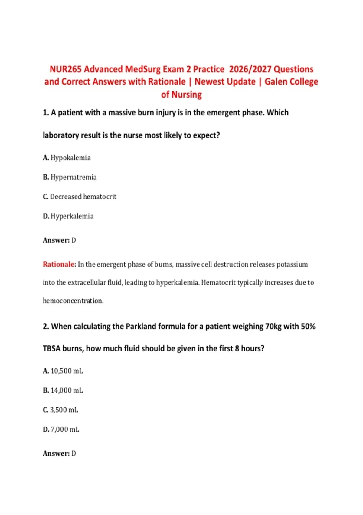 NUR265 Advanced MedSurg Exam 2 Practice 2026/2027 Questions and Correct ...