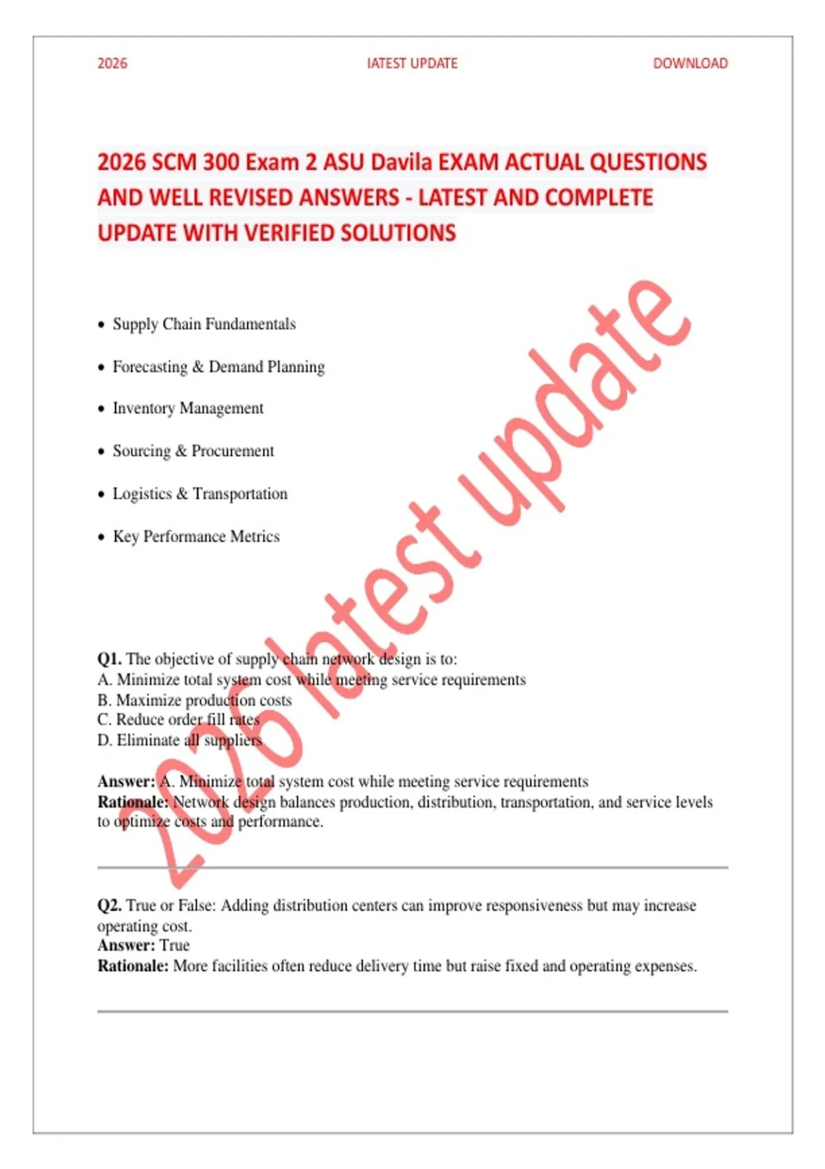 SCM 300 EXAM 2 (MODULES 5-8) | EDDIE DAVILA ASU 2026 | ACTUAL EXAM ...