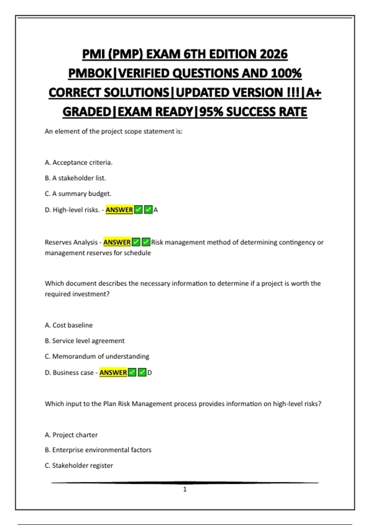 Example Pmi Test Questions PMI (PMP) EXAM 6TH EDITION 2026 PMBOK|VERIFIED QUESTIONS AND 100% ...