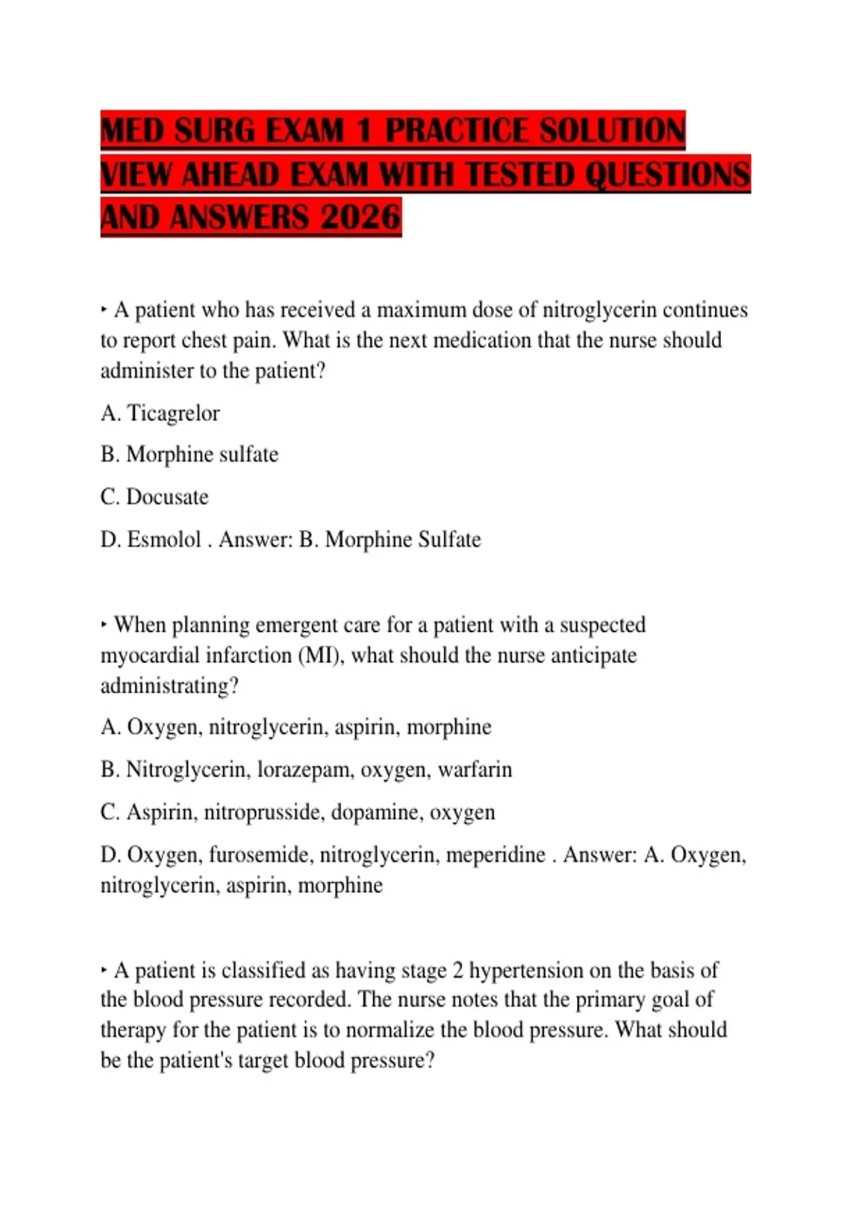 ED SURG EXAM 1 PRACTICE SOLUTION VIEW AHEAD EXAM WITH TESTED QUESTIONS ...