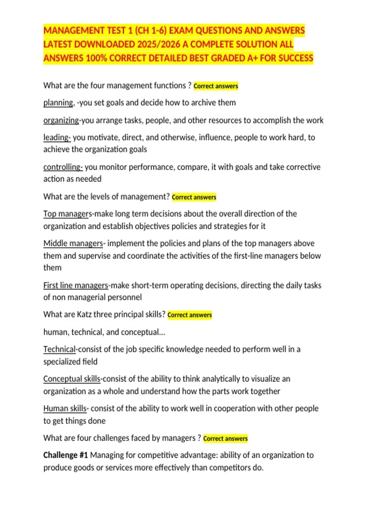 MANAGEMENT TEST 1 (CH 1-6) EXAM QUESTIONS AND ANSWERS LATEST DOWNLOADED ...