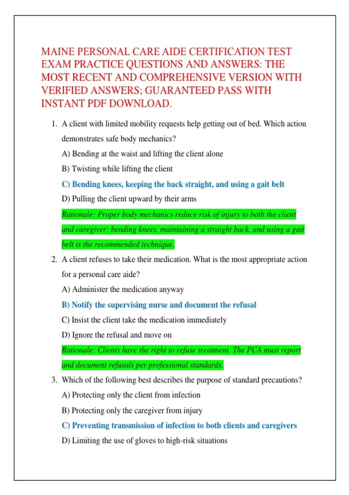 MAINE PERSONAL CARE AIDE CERTIFICATION TEST EXAM PRACTICE QUESTIONS AND ...