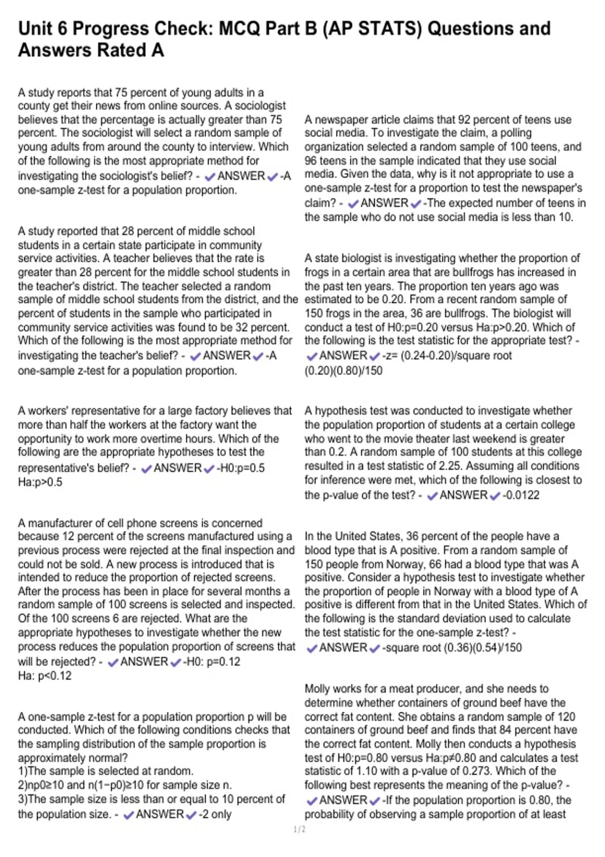 Unit 6 Progress Check: MCQ Part B (AP STATS) Questions and Answers ...