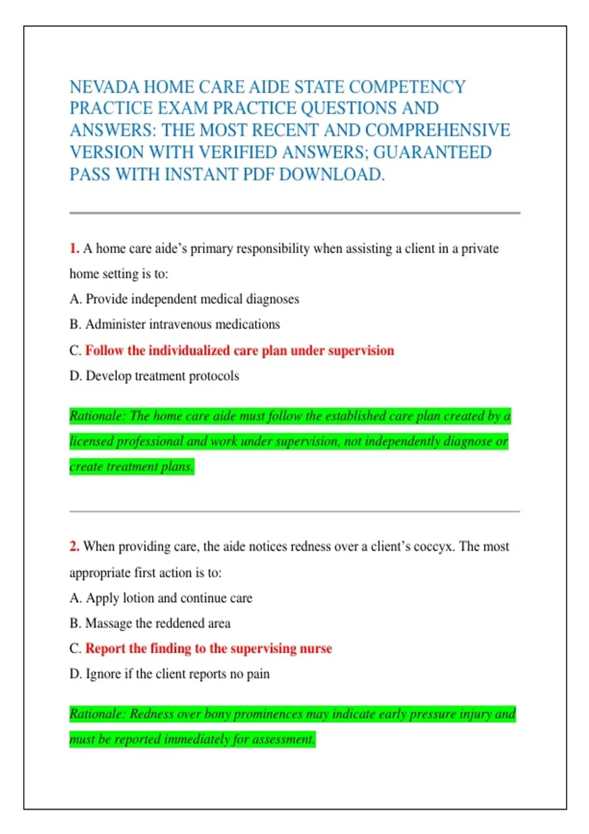 NEVADA HOME CARE AIDE STATE COMPETENCY PRACTICE EXAM PRACTICE QUESTIONS ...