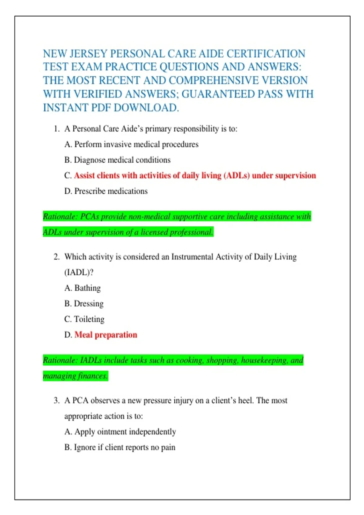 NEW JERSEY PERSONAL CARE AIDE CERTIFICATION TEST EXAM PRACTICE ...