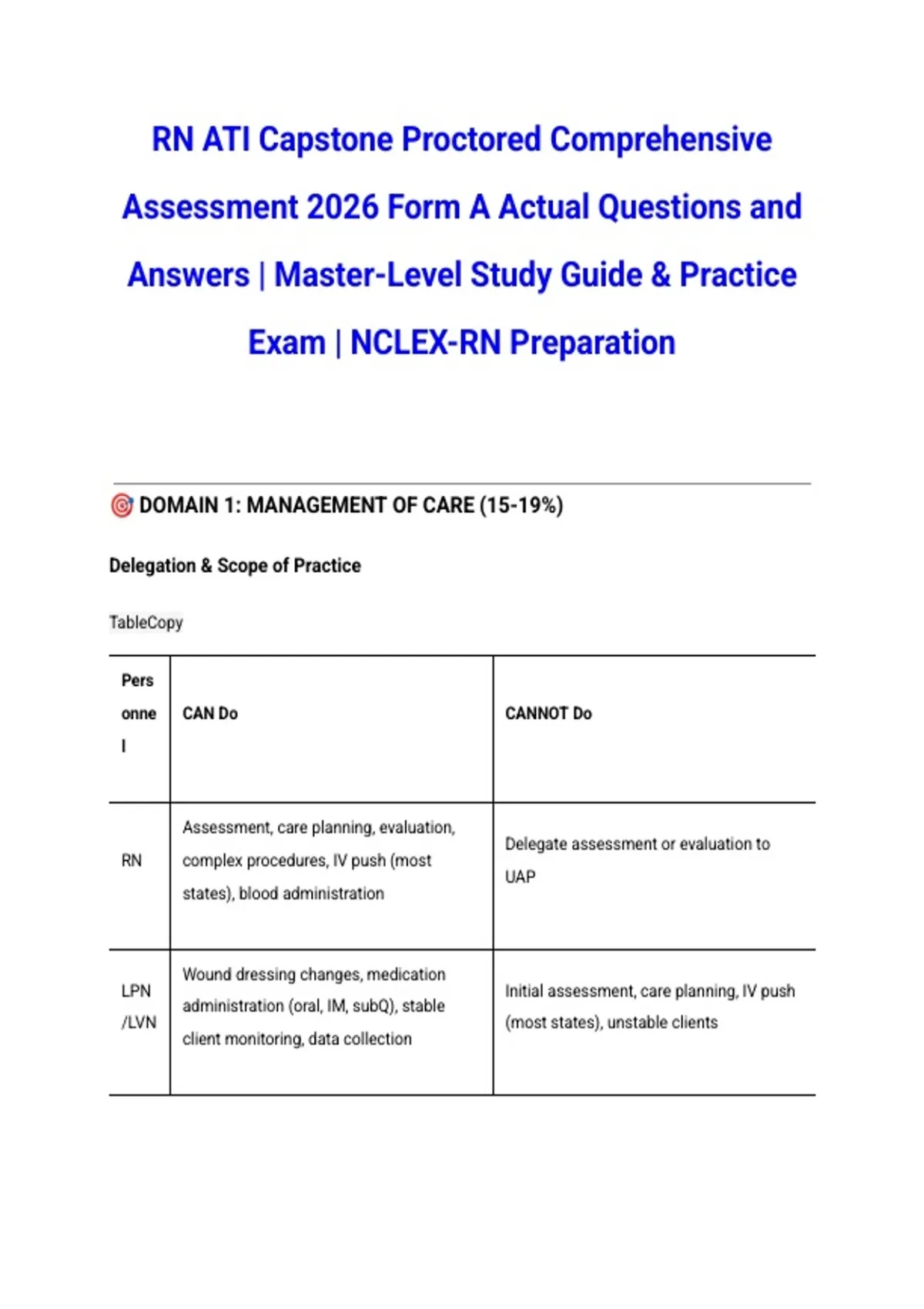 RN ATI Capstone Proctored Comprehensive Assessment 2026 Form A Actual ...