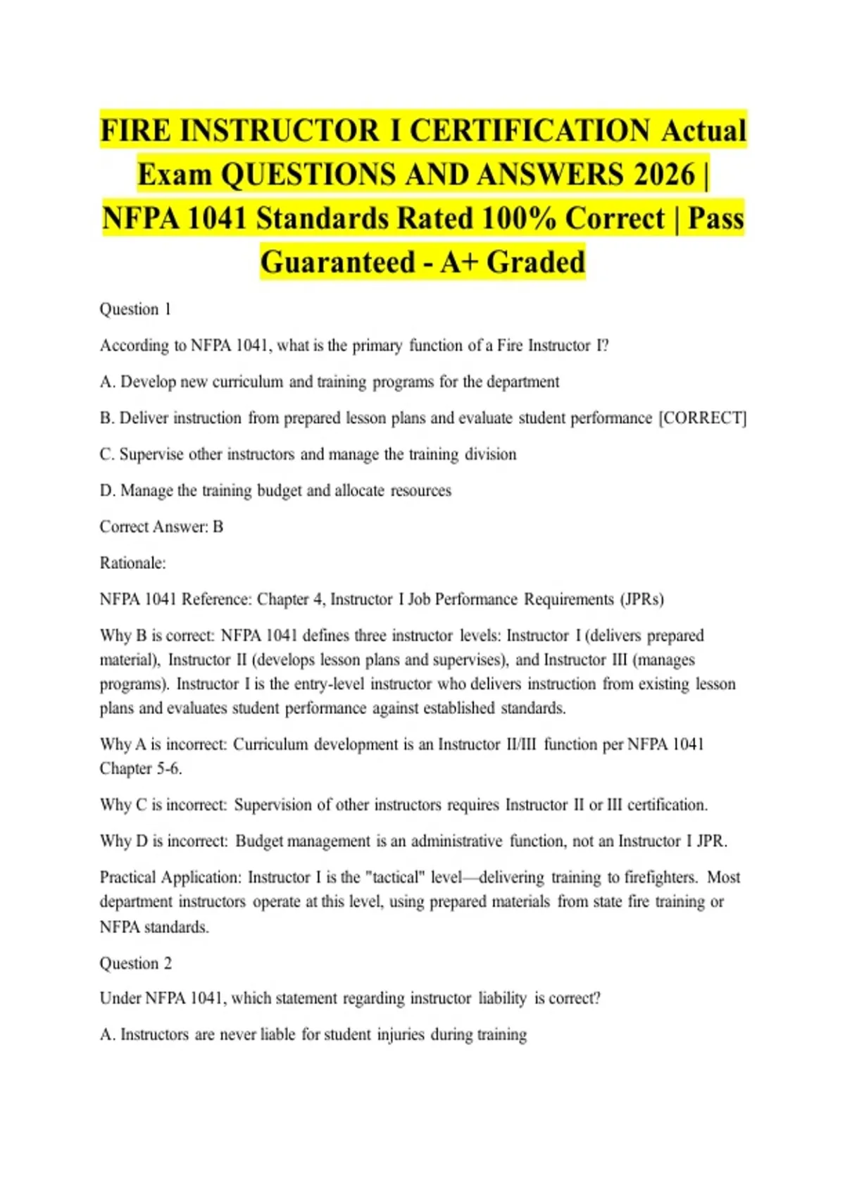 FIRE INSTRUCTOR I CERTIFICATION Actual Exam QUESTIONS AND ANSWERS 2026 ...