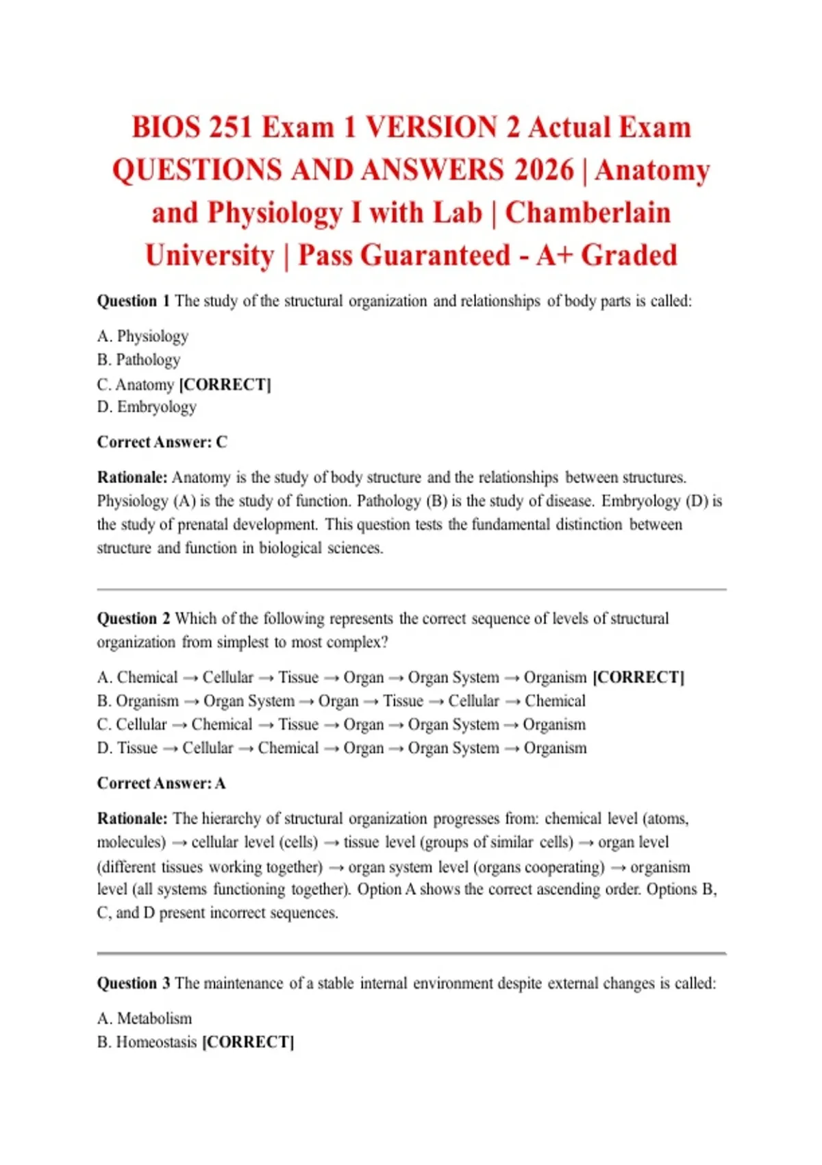 BIOS 251 Exam 1 VERSION 2 Actual Exam QUESTIONS AND ANSWERS 2026 ...