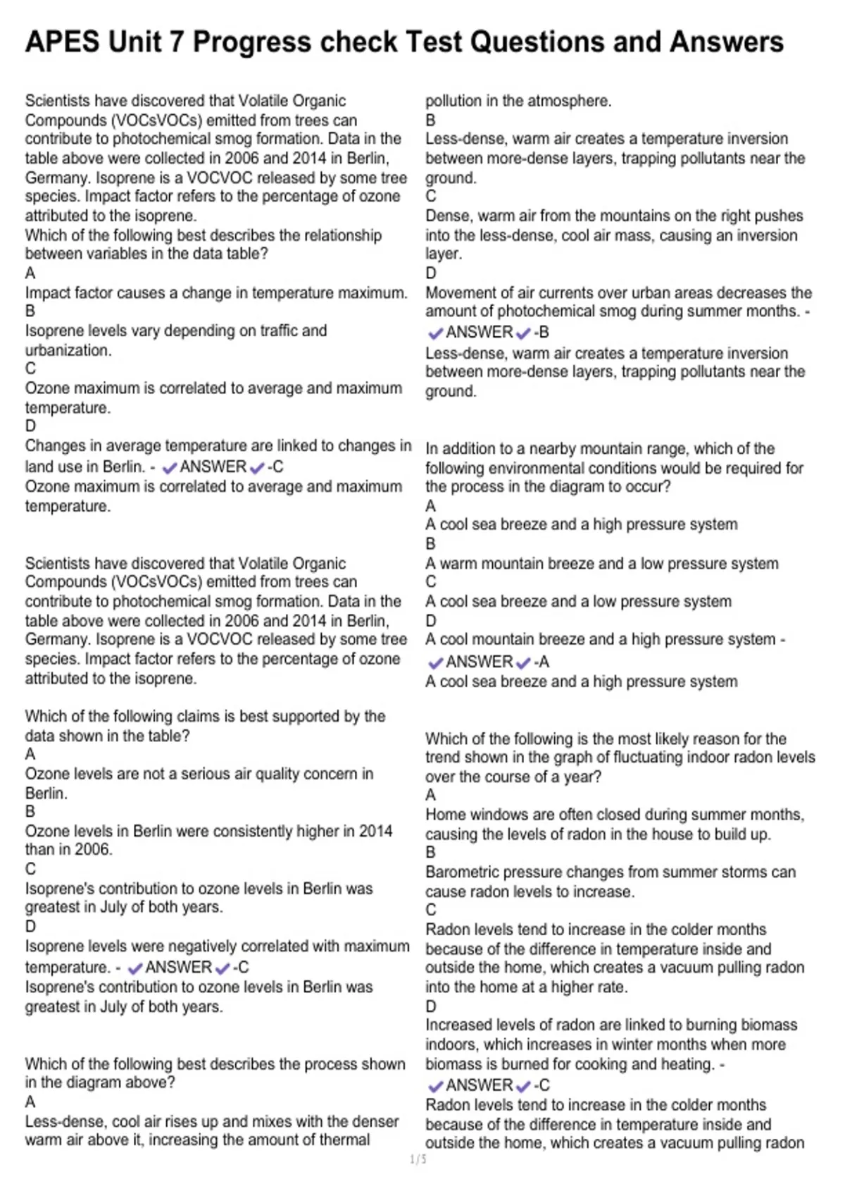 APES Unit 7 Progress check Test Questions and Answers - APES Unit 7 ...