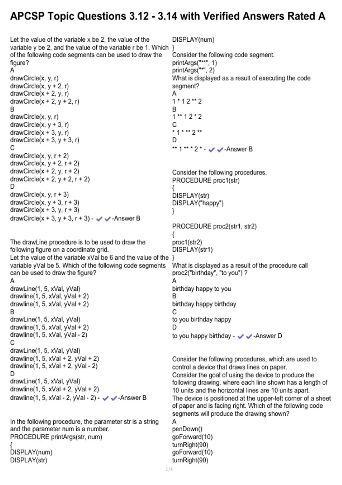 APCSP Topic Questions 3.12 - 3.14 with Verified Answers Rated A - APCSP ...
