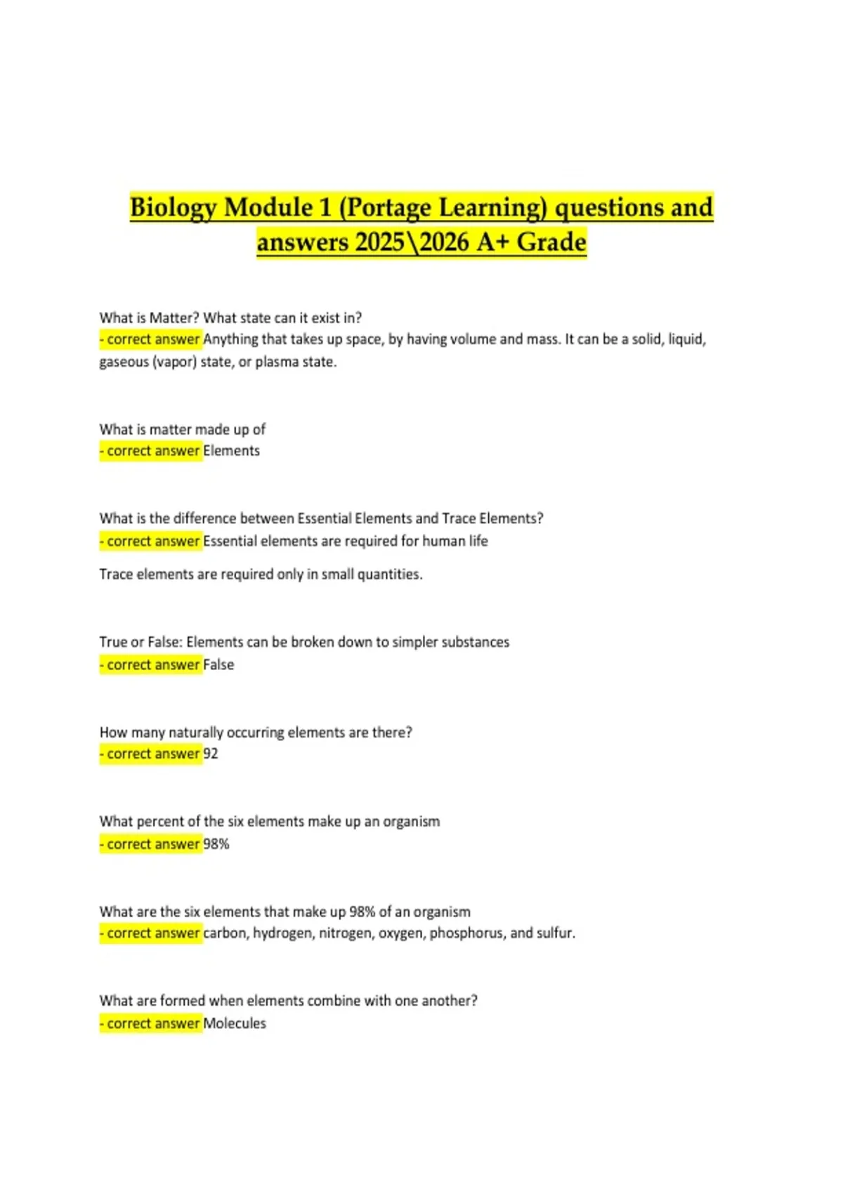 Biology Module 1 — Portage Learning Prep 2025–2026 (Verified Questions ...