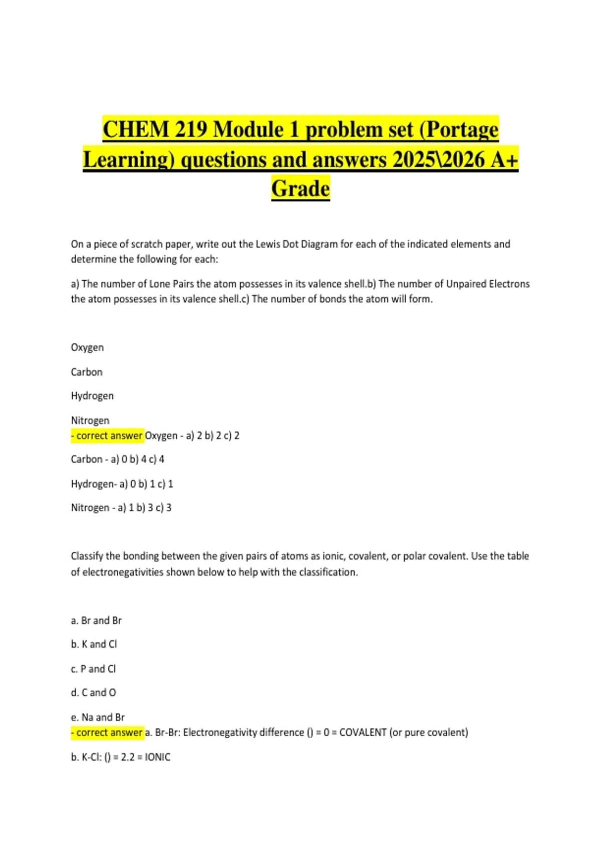 CHEM 219 – Module 1 Problem Set (Portage Learning) – 2025/2026 ...