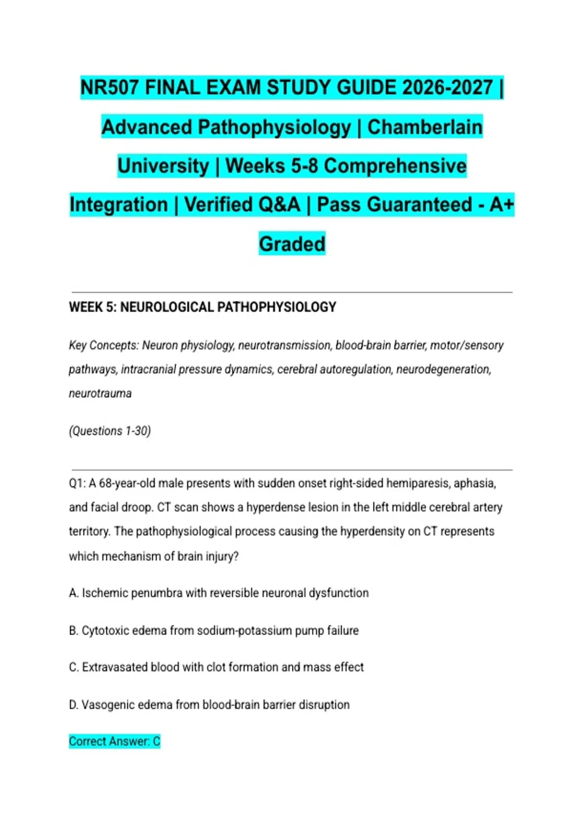 NR507 FINAL EXAM STUDY GUIDE | Advanced Pathophysiology | Chamberlain ...