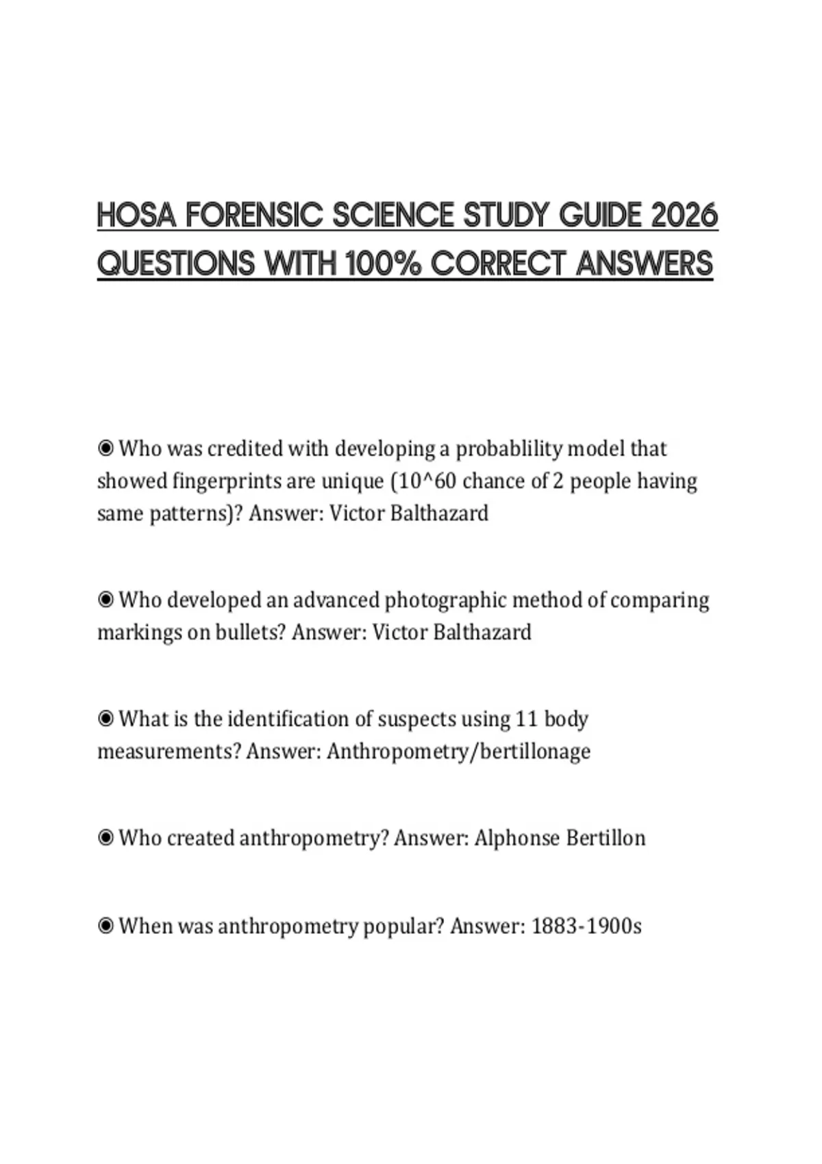 HOSA FORENSIC SCIENCE STUDY GUIDE 2026 QUESTIONS WITH 100% CORRECT ...