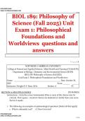 BIOL 189&colon; Philosophy of Science &lpar;Fall 2025&rpar; Unit Exam 1&colon; Philosophical Foundations and Worldviews  questions and answers