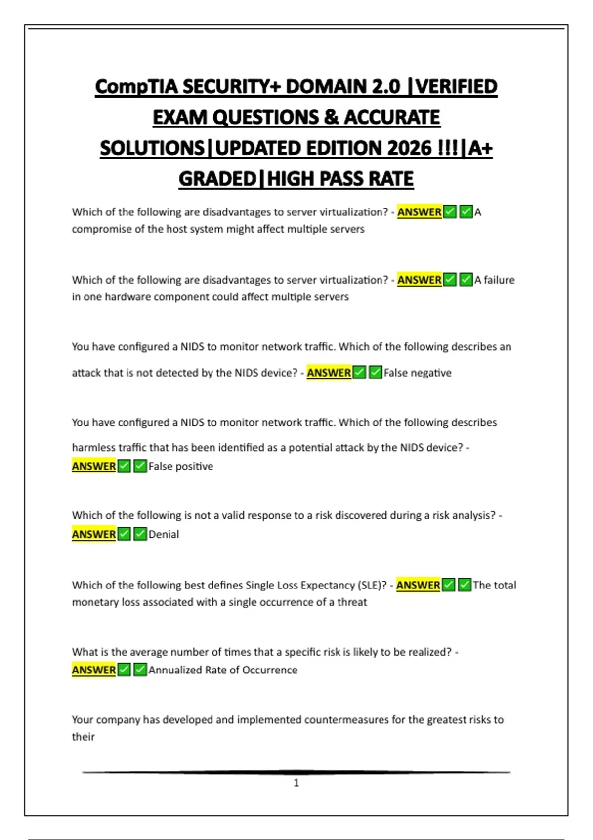 CompTIA SECURITY+ DOMAIN 2.0 |VERIFIED EXAM QUESTIONS & ACCURATE ...
