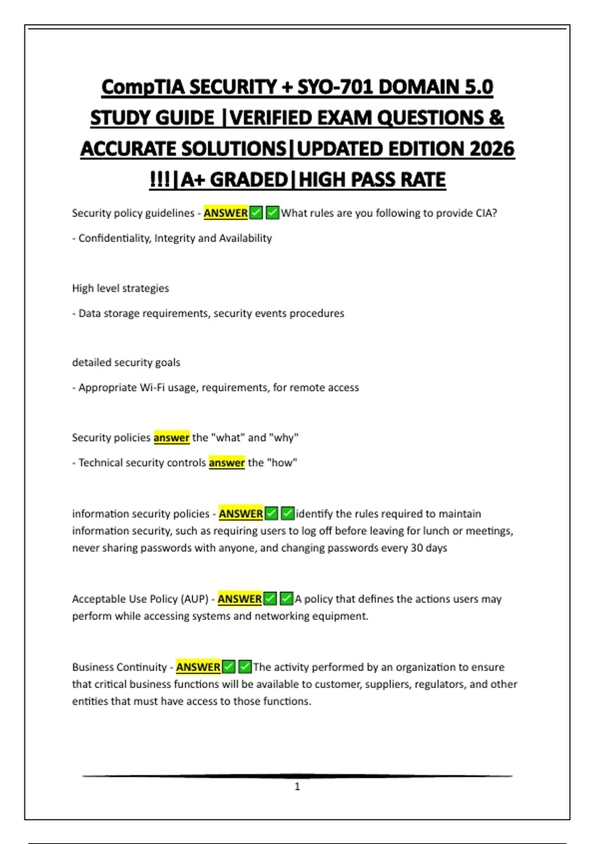 CompTIA SECURITY + FINAL EXAM |VERIFIED EXAM QUESTIONS & ACCURATE ...