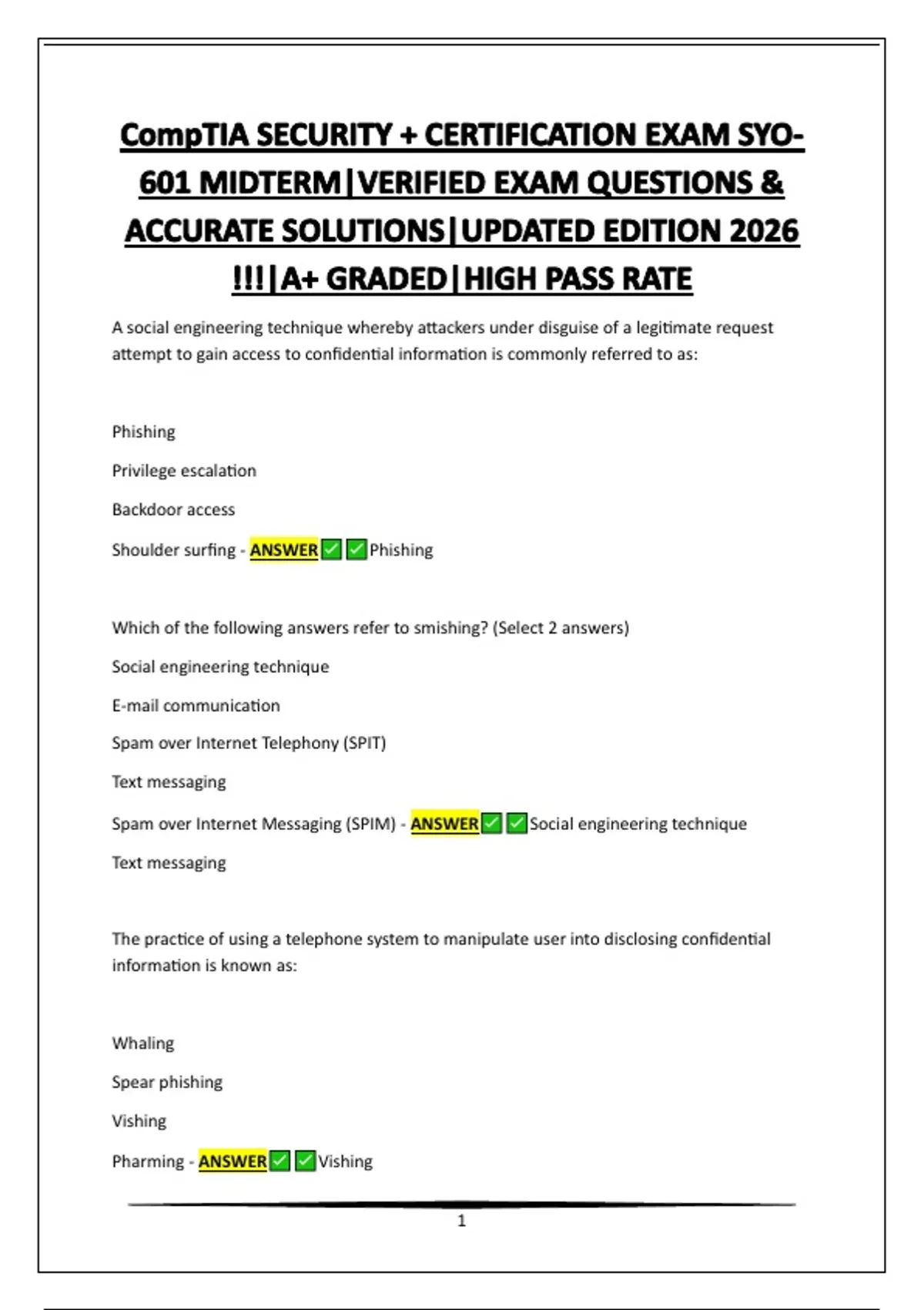 CompTIA SECURITY + DOMAIN 1.0|VERIFIED EXAM QUESTIONS & ACCURATE ...