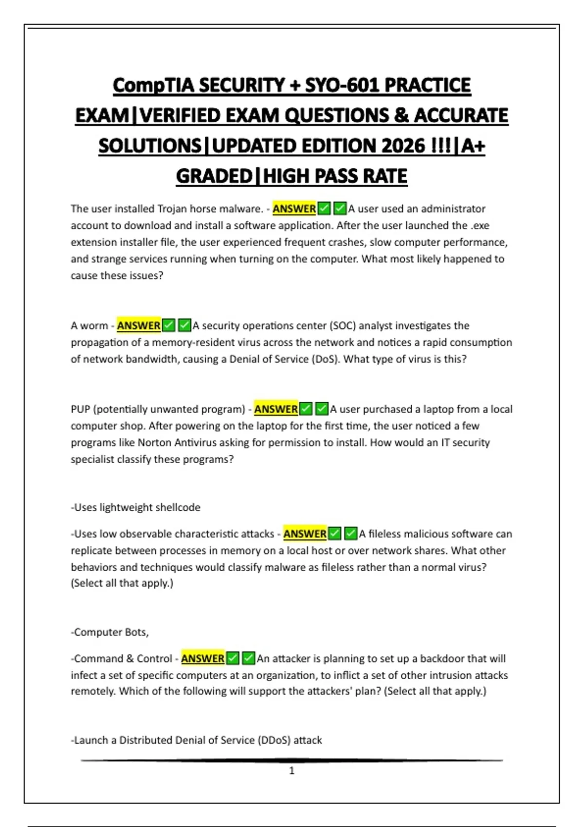 CompTIA SECURITY + SYO-701 STUDY GUIDE|VERIFIED EXAM QUESTIONS ...