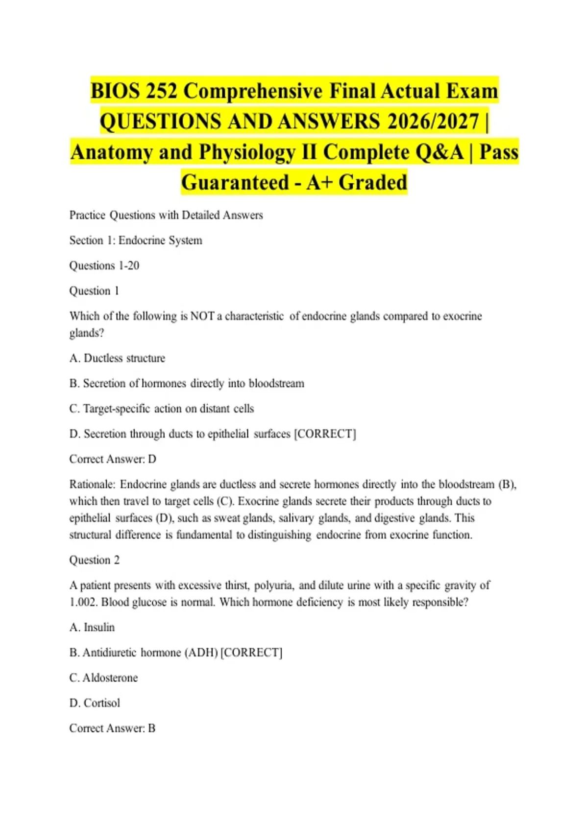 BIOS 252 Comprehensive Final Actual Exam QUESTIONS AND ANSWERS 2026/ ...