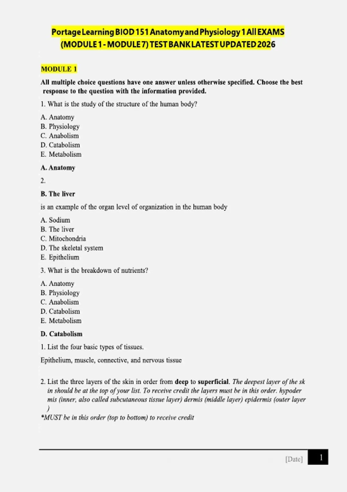 Portage Learning BIOD 151 Anatomy and Physiology 1 All EXAMS (MODULE 1 ...