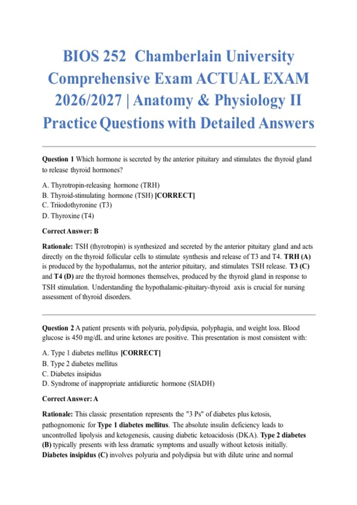 BIOS 252 Chamberlain University Comprehensive Exam ACTUAL EXAM 2026/ ...