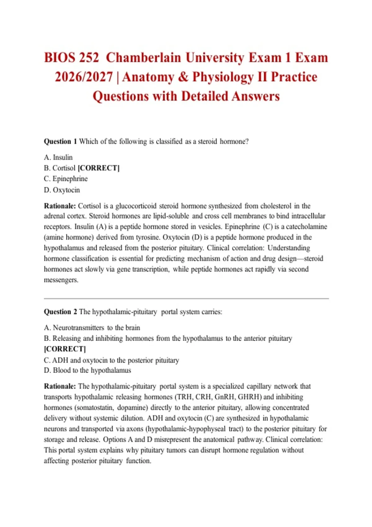 BIOS 252 Chamberlain University Exam 1 Exam 2026/2027 | Anatomy ...