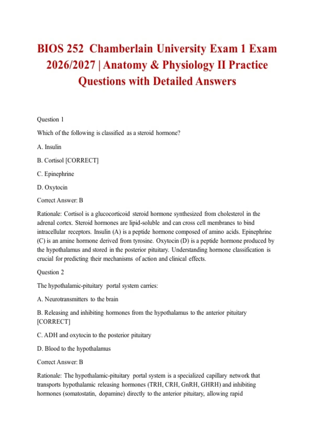 BIOS 252 Chamberlain University Exam 1 Exam 2026/2027 | Anatomy ...