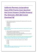 California Pharmacy Jurisprudence  Exam &lpar;CPJE&rpar; Practice Exam Questions  And Correct Answers &lpar;Verified Answers&rpar;  Plus Rationales 2026 Q&A Instant  Download Pdf 