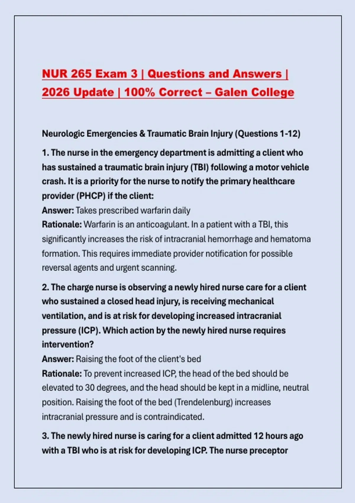 NUR 265 Exam 3 | Questions and Answers | 2026 Update | 100% Correct ...