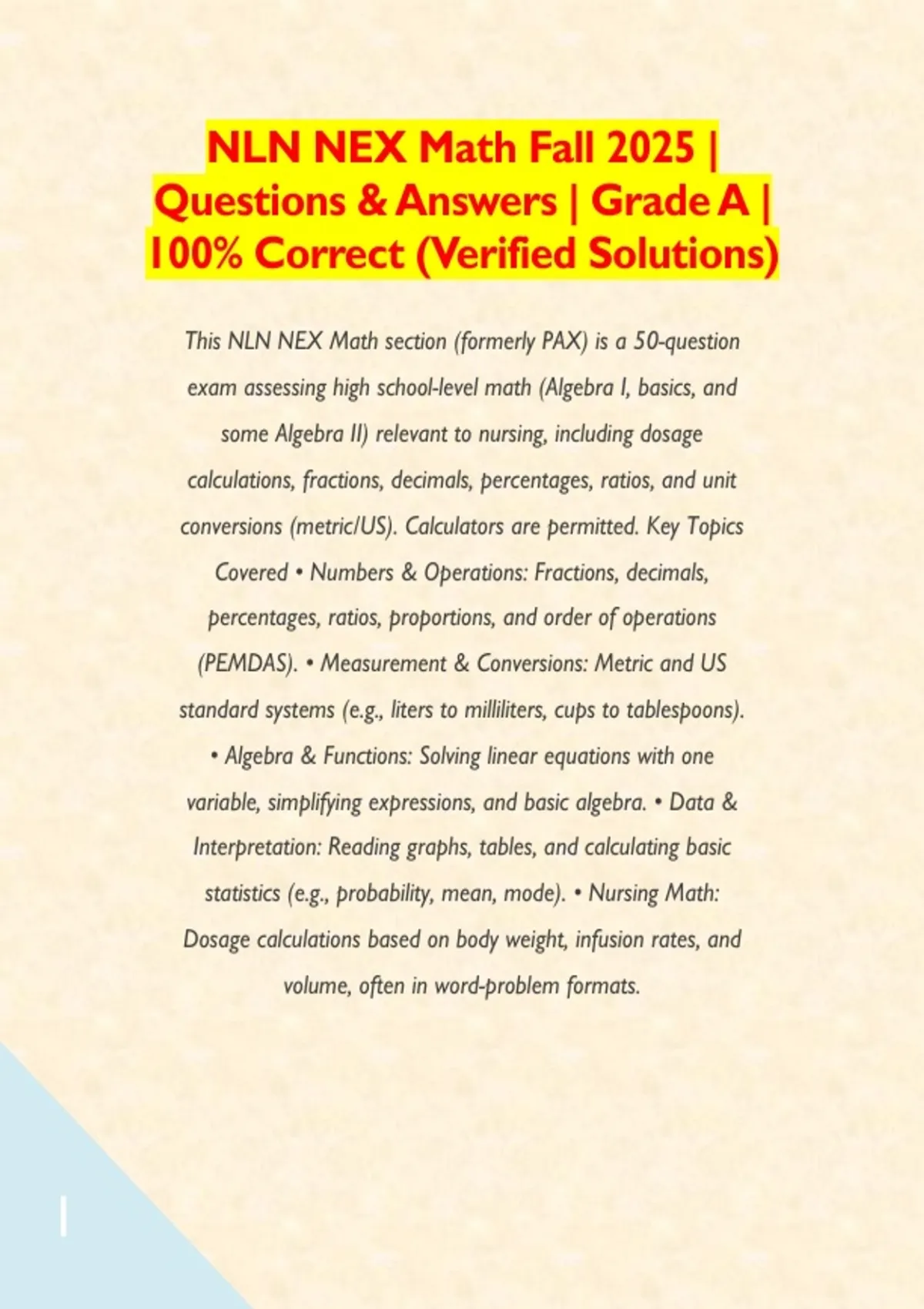 Nex Math Practice Problems NLN NEX Math Fall 2025 | Questions & Answers | Grade A | 100% Correct ...
