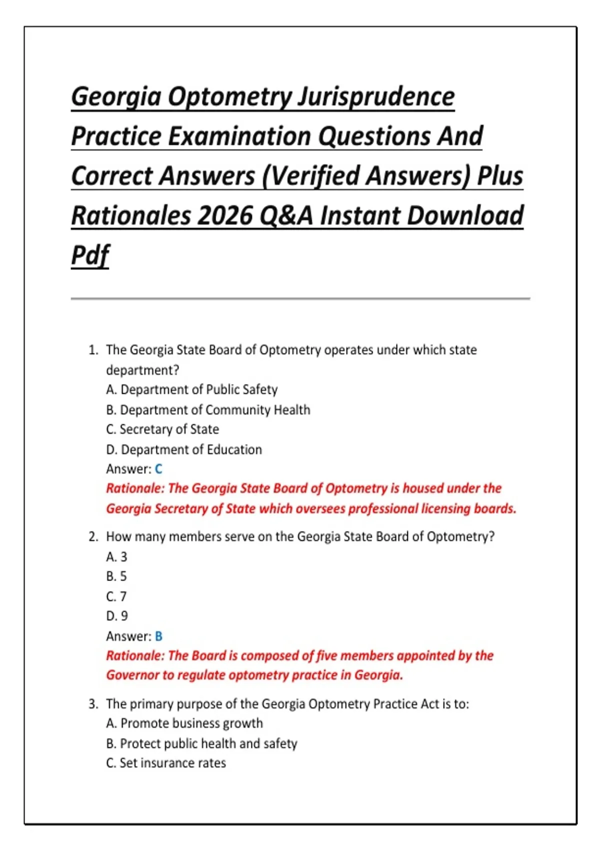 Georgia Optometry Jurisprudence Practice Examination Questions And Correct Answers (Verified ...