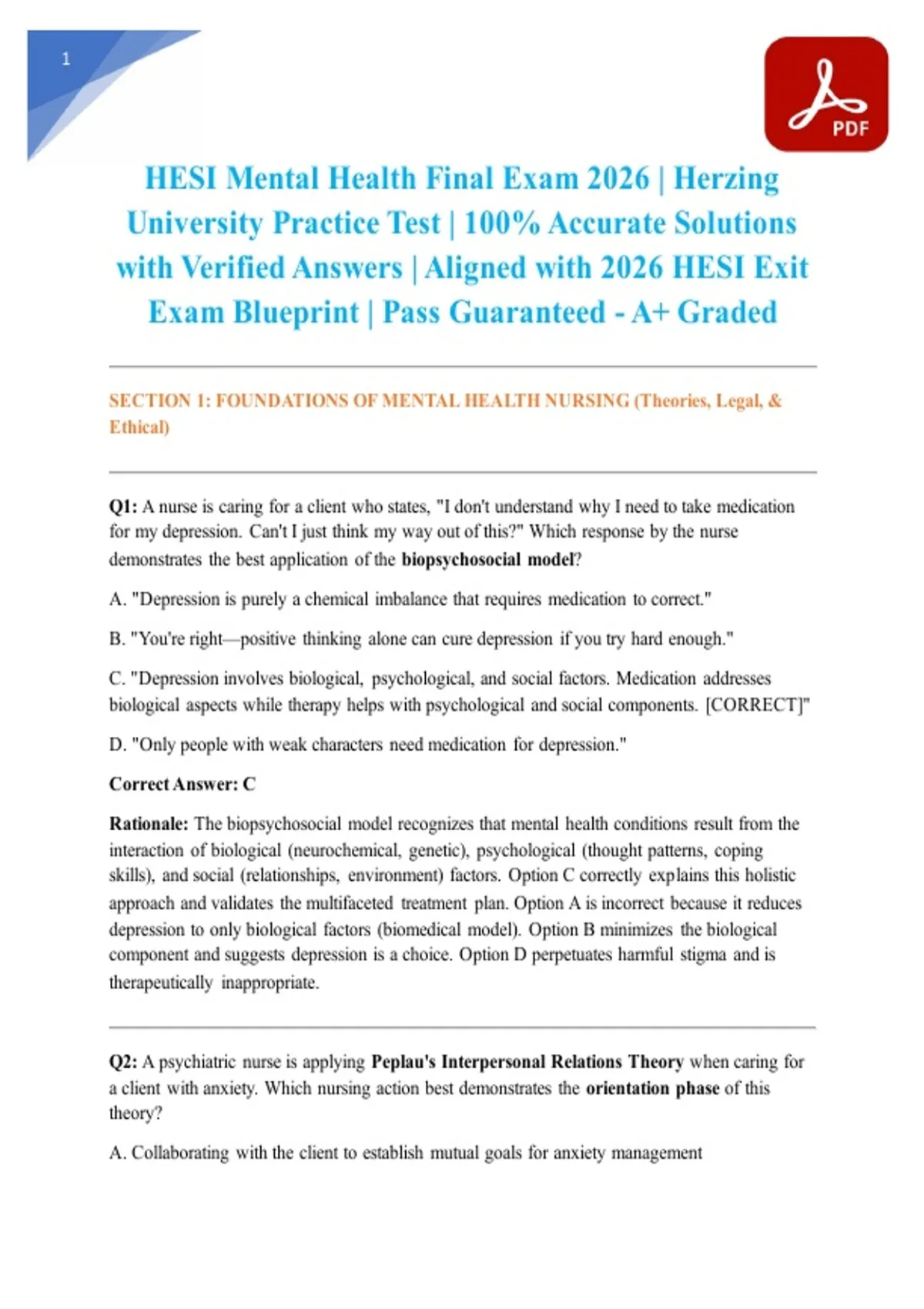 HESI Mental Health Final Exam 2026 | Herzing University Practice Test | 100% Accurate Solutions ...