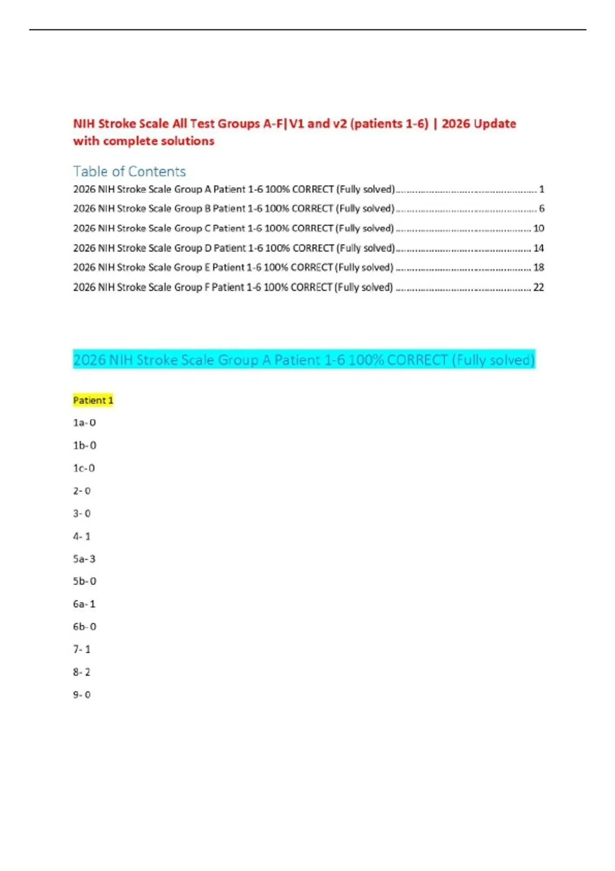 NIH Stroke Scale All Test Groups A-F|V1 and v2 (patients 1-6) | 2026 ...