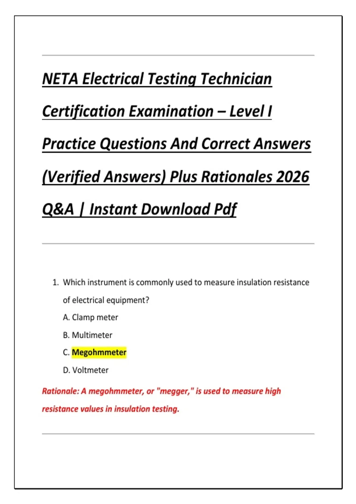 NETA Electrical Testing Technician Certification Examination – Level I ...