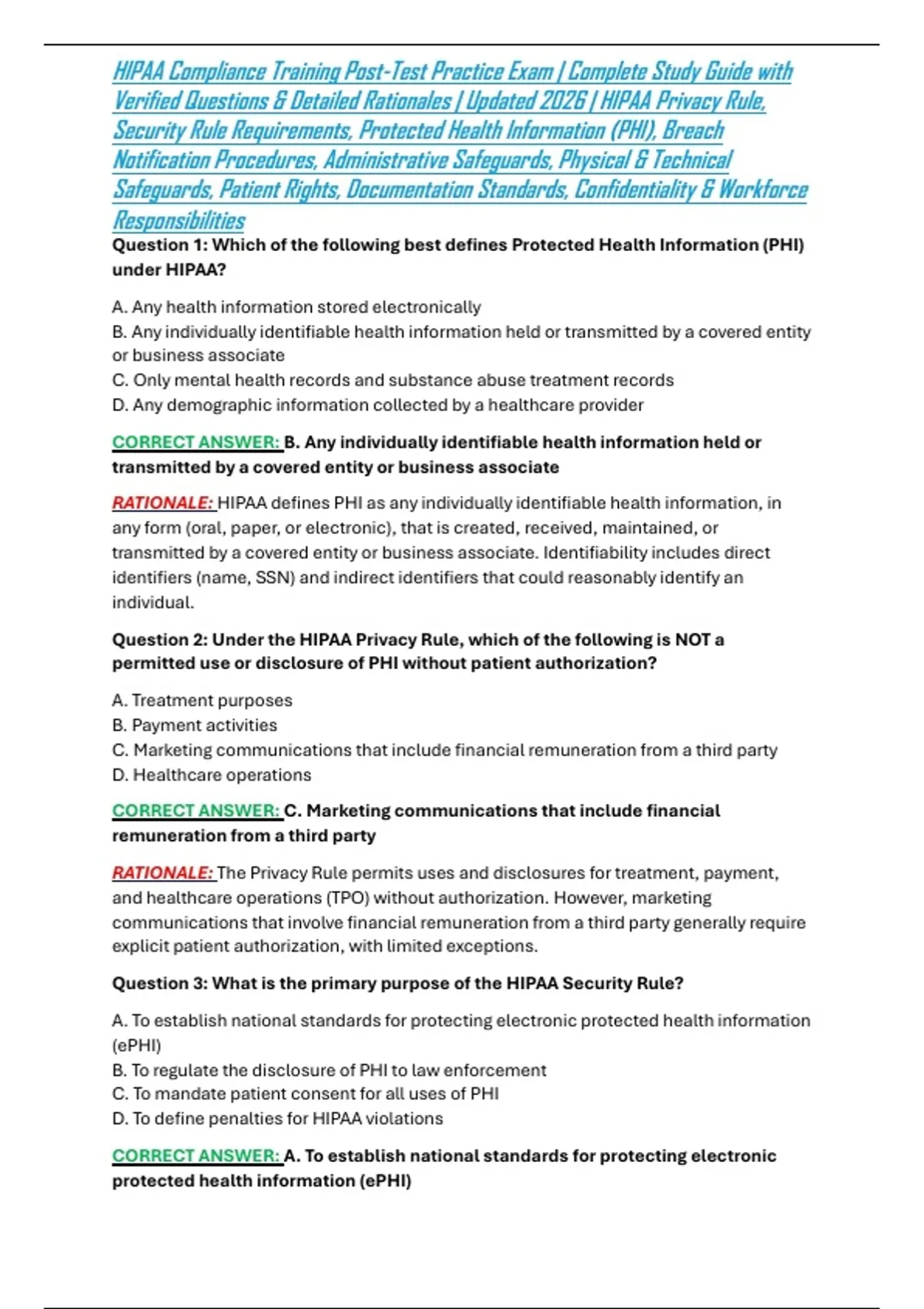 HIPAA Compliance Training Post-Test Practice Exam | Complete Study ...