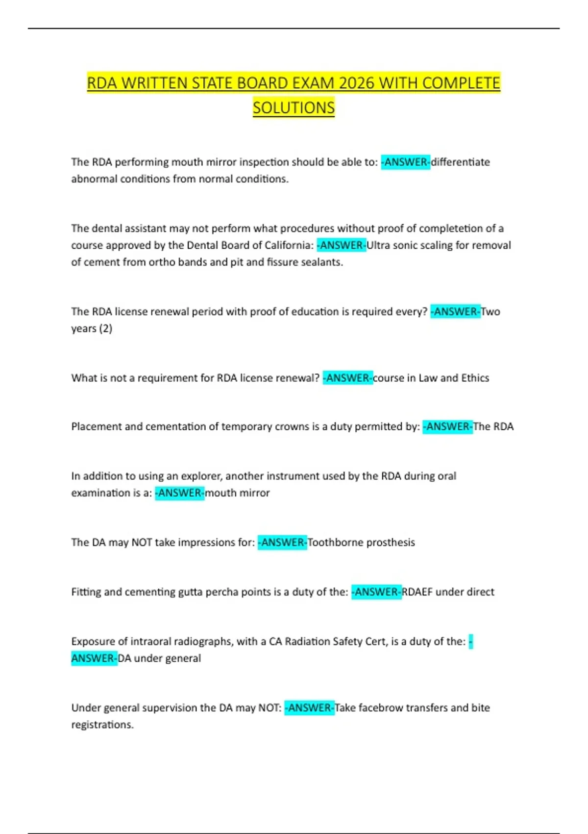State Rda RDA WRITTEN STATE BOARD EXAM 2026 WITH COMPLETE SOLUTIONS - RDA Ef 2 ...