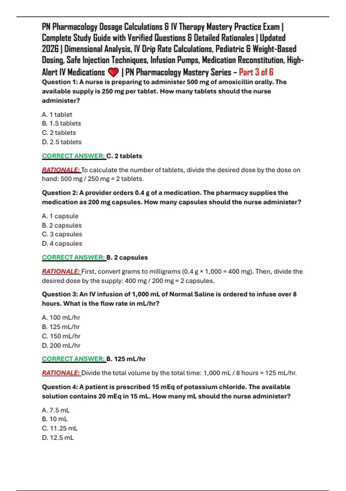 Dimensional Analysis Iv Math Problems PN Pharmacology Dosage Calculations & IV Therapy Mastery Practice Exam ...